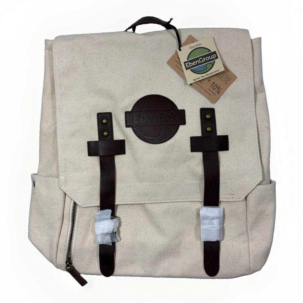 EbenPak EbenGroup Canvas Backpack Cream Brown Leather Map Flap Rucksack